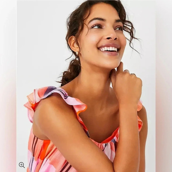 Ann Taylor Tall Madras Plaid Ruffle Square Neck Midi Dres Pink Multicolor - Picture 2 of 8